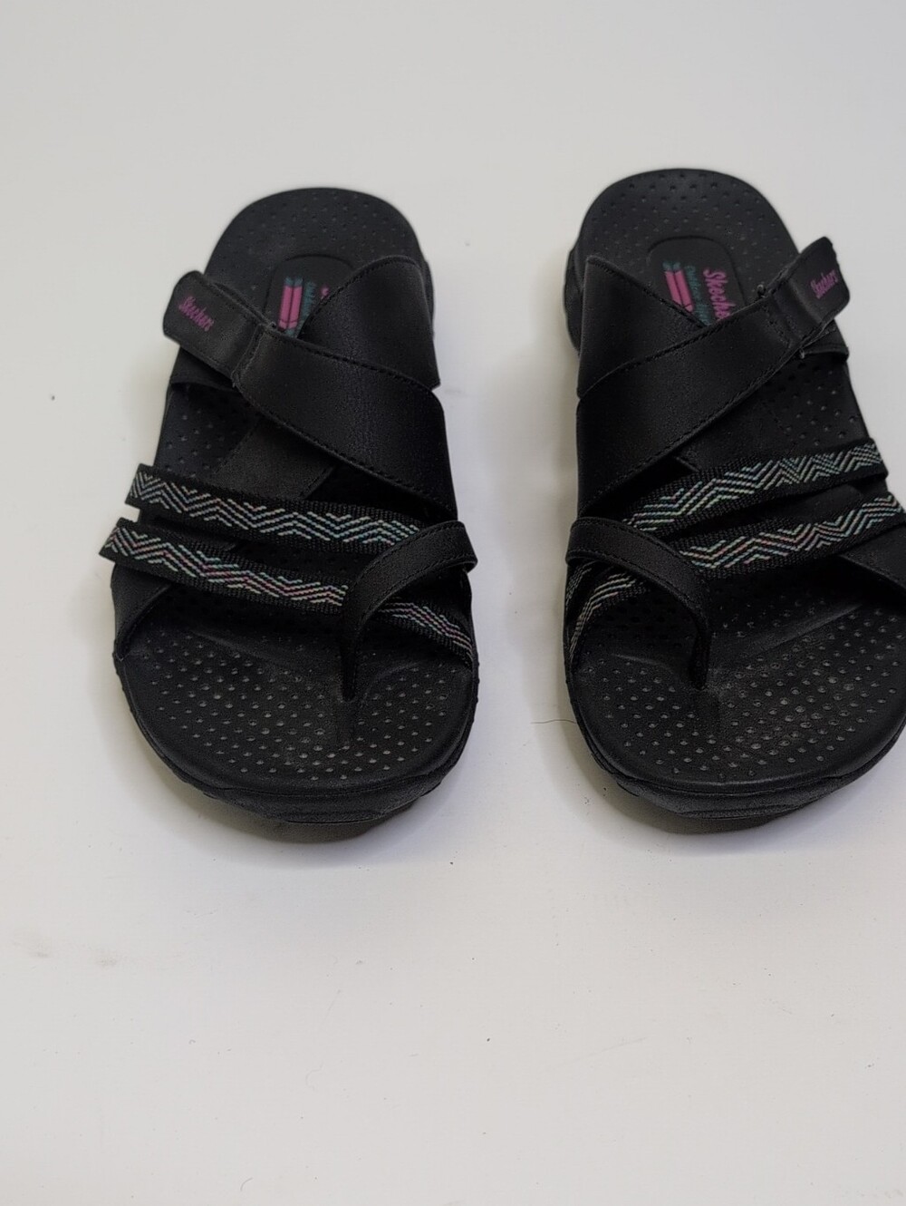 Skechers Womans Black Slide Sandals with Pink Accent